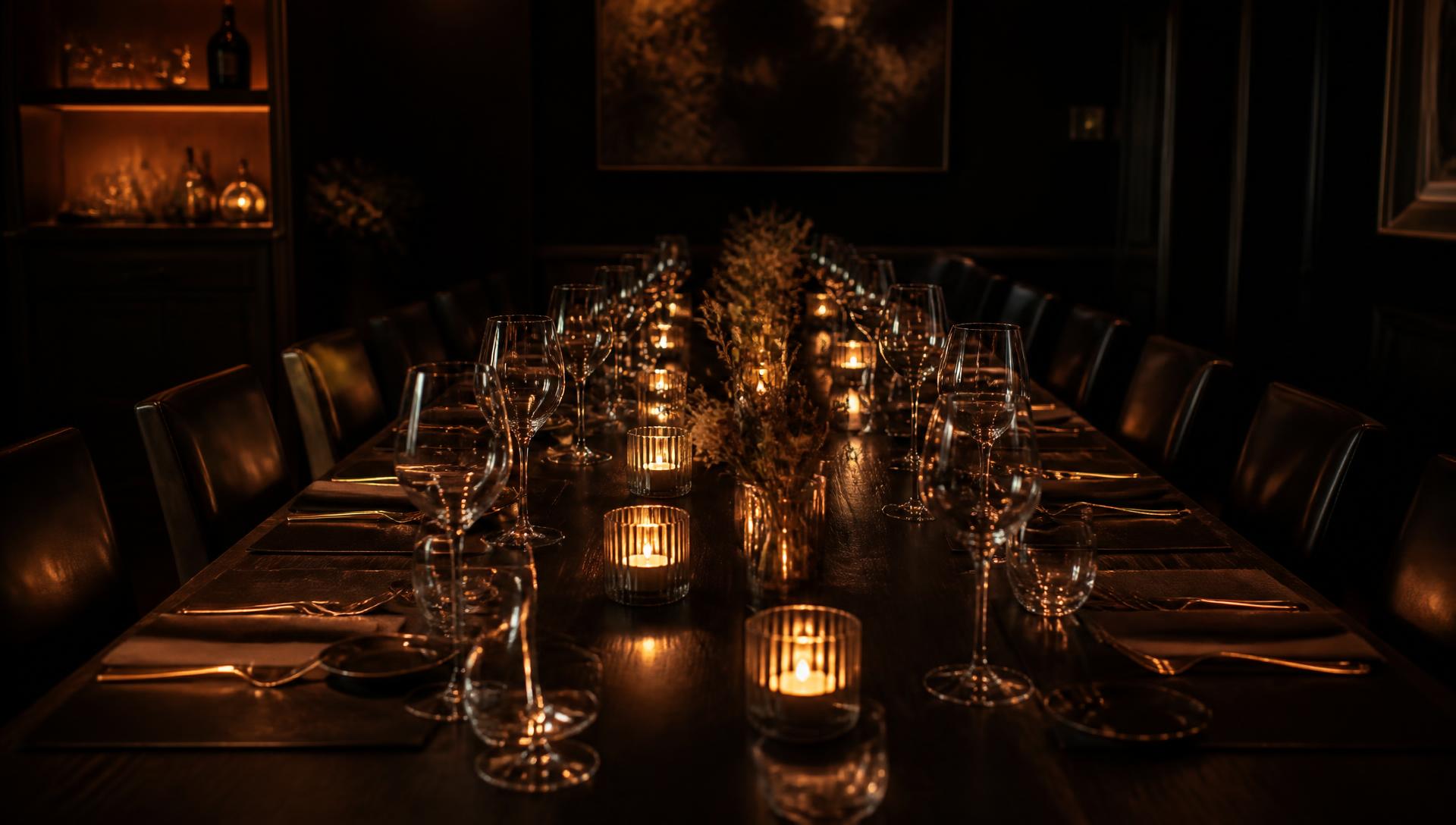 An intimate chef-curated private dining table set by candlelight